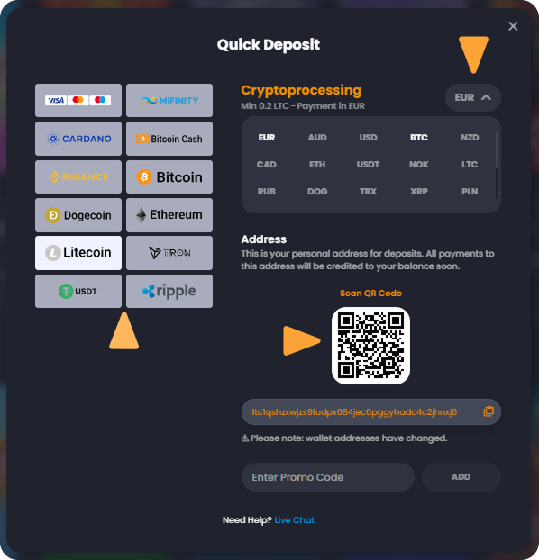 How to Deposit with Litecoin (LTC) on Bitkingz Casino step 2 Deposit Crypto